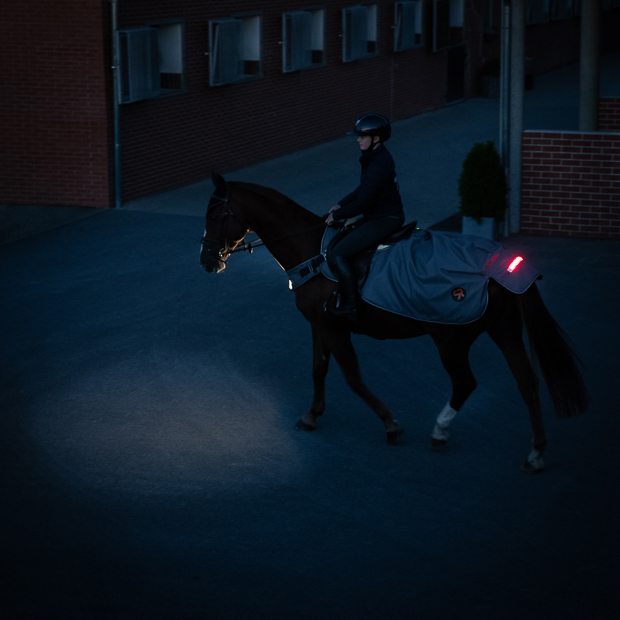 reiter auf seinem pferd mit der led decke new york mit beleuchtung in der dunkelheit beim ausreiten von der seite