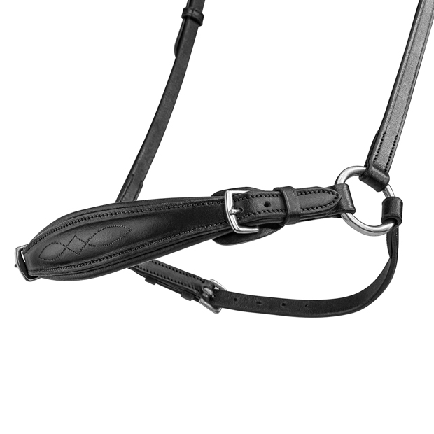 detailed view of nose piece of hannoverian bridle hannover in black leather with silver mounting and reins included by sunride