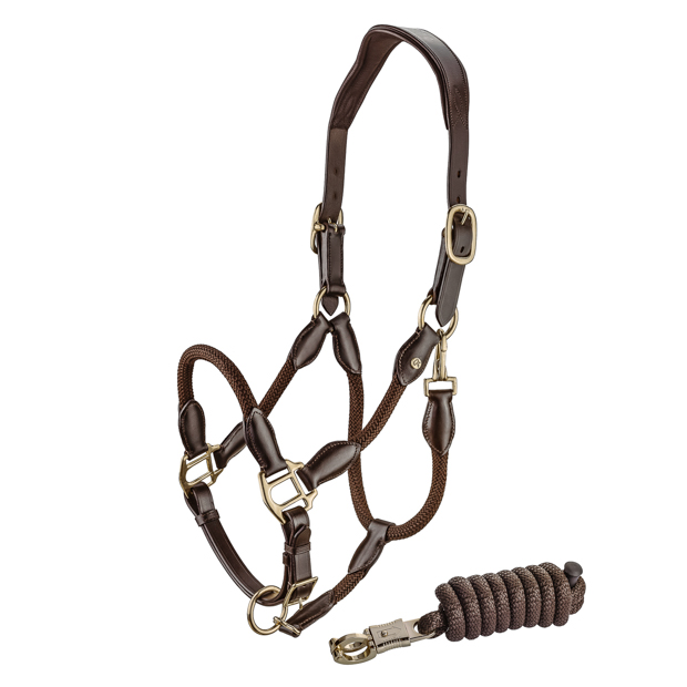 1 brown leather halter with brown ropes and golden mounting denver including lead rope by sunride