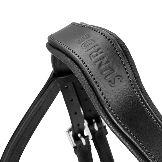 detailed view of shaped neck part of blue padded english combined black leather bridle hawaii with silver mounting including reins