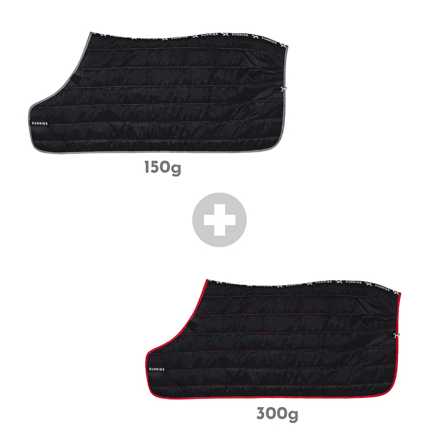 black under rug 150 grams filling and under rug with 300 grams filling in a set set of both black under rugs with 150 grams and 300 grams filling compatible with all sunride winter and rain rugs