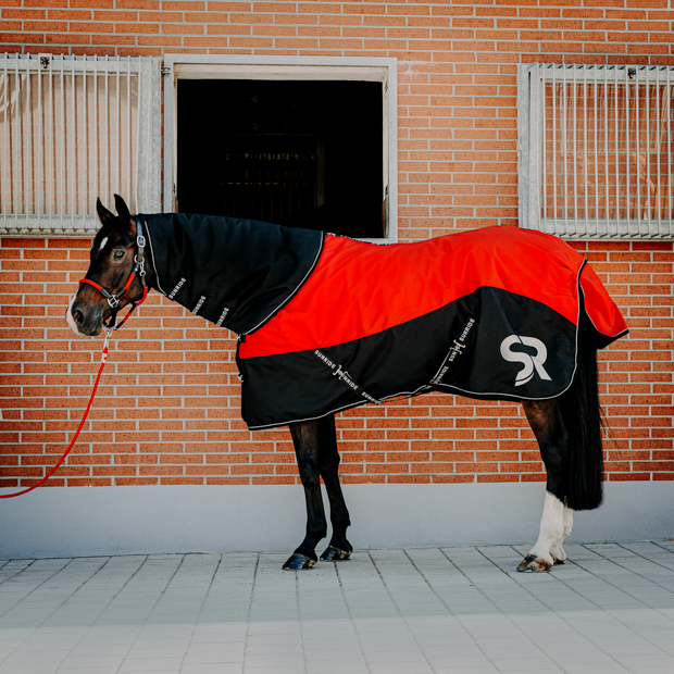 black neck part attached to red helsinki winter rug on a horse
