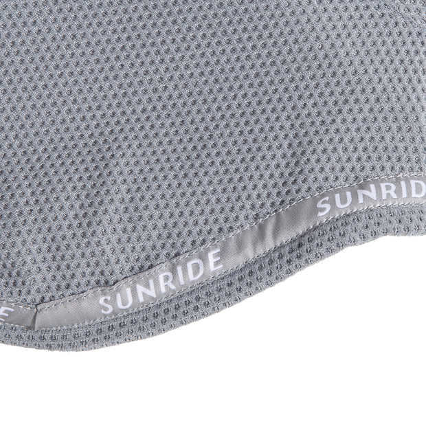 elastic ear net and fly hood rounded grey with detailed view of binding wellington line detailed view of binding on rounded elastic ear net and fly hood grey wellington line by sunride