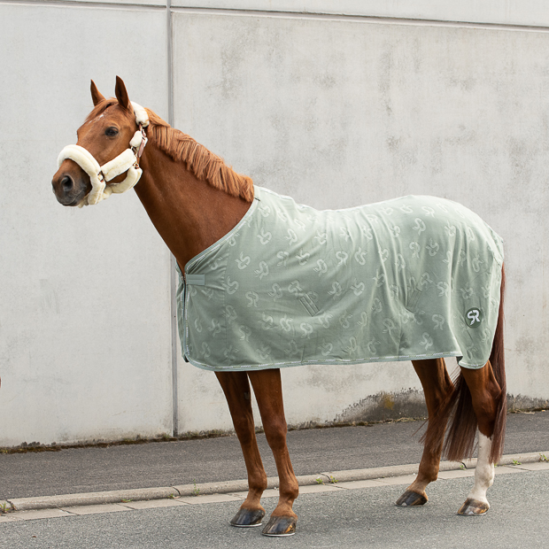 olive cooler rug with removable belly straps wellington line by sunride on a horse