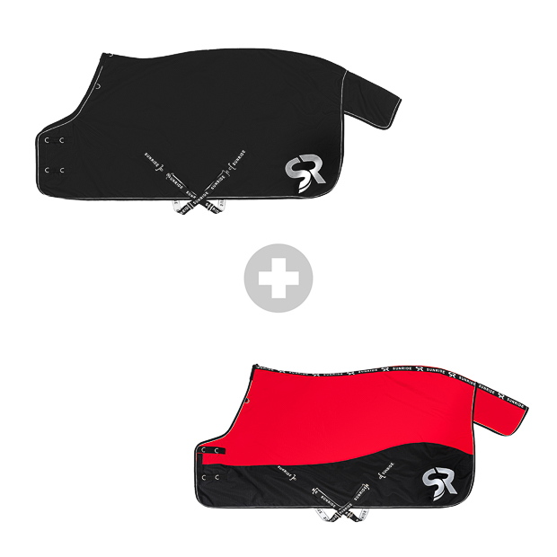 dublin black reflecting rain rug 50 grams filling and red 250 grams filling winter rug helsinki in a set set of black rain rug dublin with 50 grams filling and reflecting elements and red helsinki reflecting winter rug with 250 grams filling by sunride