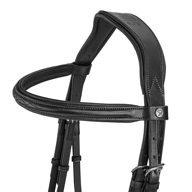 detailed view of neck part of hannoverian bridle hannover in black leather with silver mounting and reins included by sunride