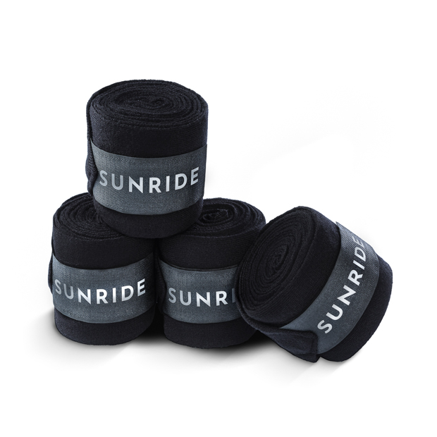 1 schwarze stallbandagen mit reflektierendem sunride schriftzug im vierer set