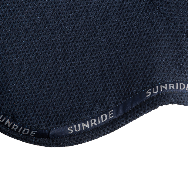 detailed view of binding on rounded elastic ear net and fly hood blue wellington line by sunride