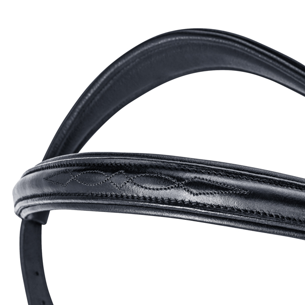 detailed view of stitching on english combined black leather bridle york with silver mounting including reins by sunride 