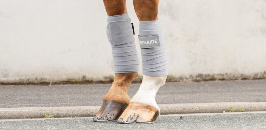 Fleece Bandagen Wellington 2er Set in grau Zwei Pferdebeine mit den Fleece Bandagen Wellington von SUNRIDE in grau vor einer grauen Wand