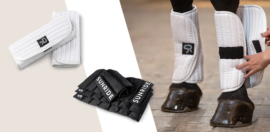 Weicher Schutz für Stark Beine Bandagierunterlagen Zwei Pferdebeine mit weißen Bandagierunterlagen mit Klettverschluss daneben die Unterlagen einzeln in Weiß und darunter in Schwarz aus Satin