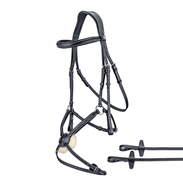 black mexican bridle acapulco with silver mounting with detailed view of included matching reins by sunride