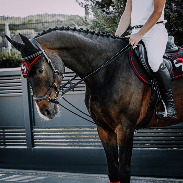 black leather draw reins with silver mounting and extra loop by sunride with rider on horse