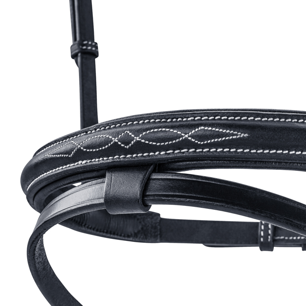 detailed view of stitchings of english combined black leather english bridle london with silver mounting and stitching including reins by sunride