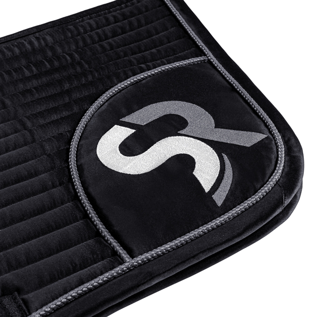 detailed view of sr embroidery of black silver sr line jumping saddle pad with breathable air mesh spine by sunride