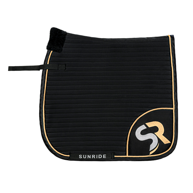 breathable dressage saddle pad gold and black exclusive line with fur on withers