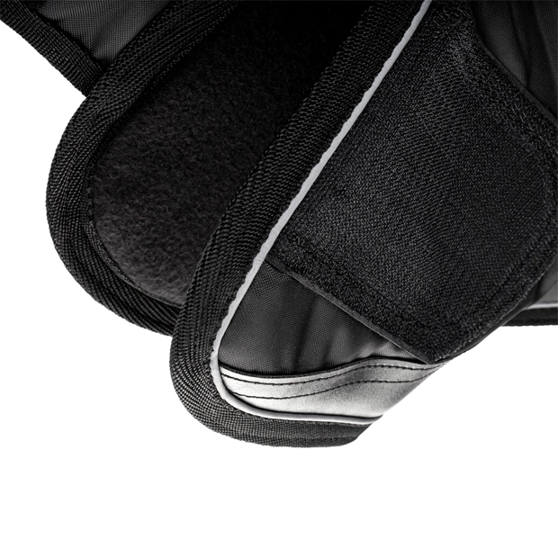 reinformced hoof area on reflecting transport gaiters black detailed view of reinforced hoof area leather on reflecting black travel boots by sunride
