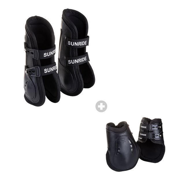 black leather jumping boots with protection layer and elastic straps and high black leather fetlock boots in a set by sunride