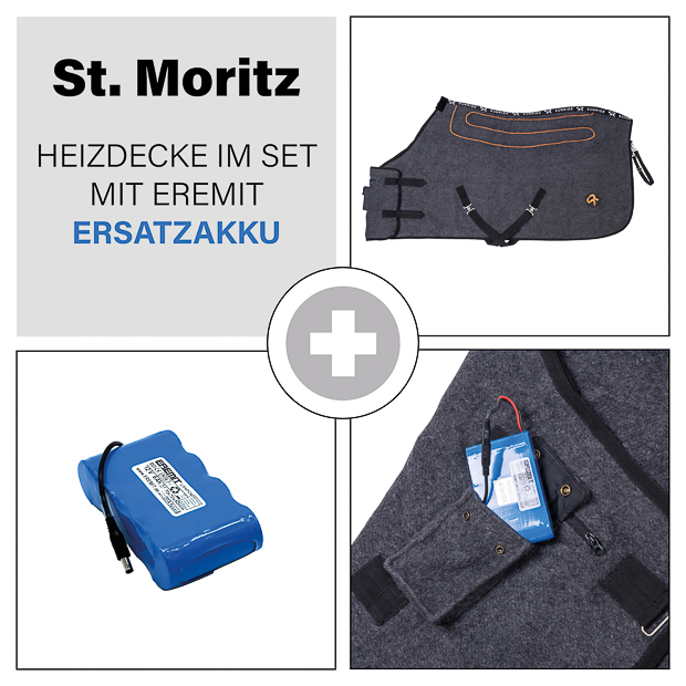 heizdecke st. moritz aus grauer wolle mit eremit batterie und passendem ladekabel im set mit zweitem erstzakku