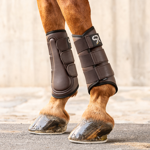leather dressage boots brown on horse brown dressage leather boots from leather and neoprene inside with elastic velcro closures on the horse leg