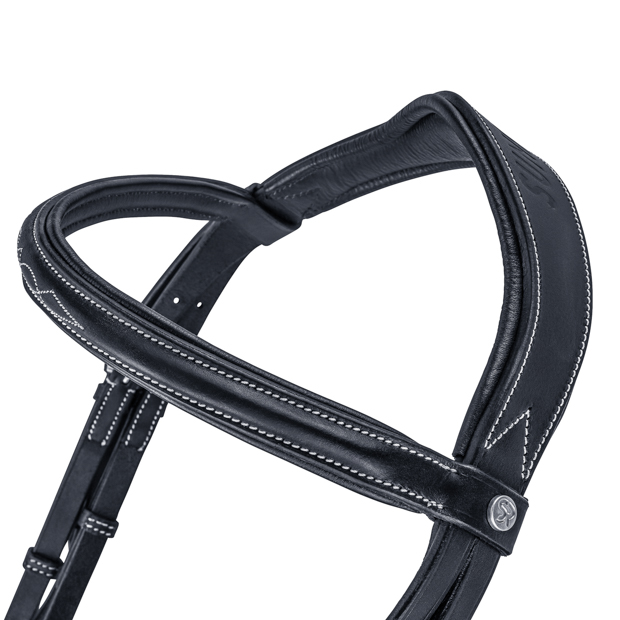 detailed view of stitchings of english combined black leather english bridle london with silver mounting and stitching including reins by sunride