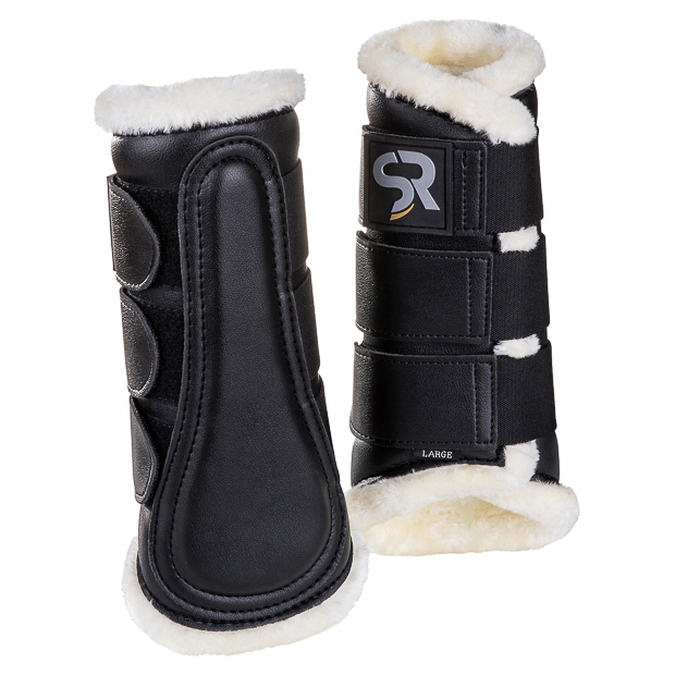 black dressage leather boots from leather and fur inside with elastic velcro closures