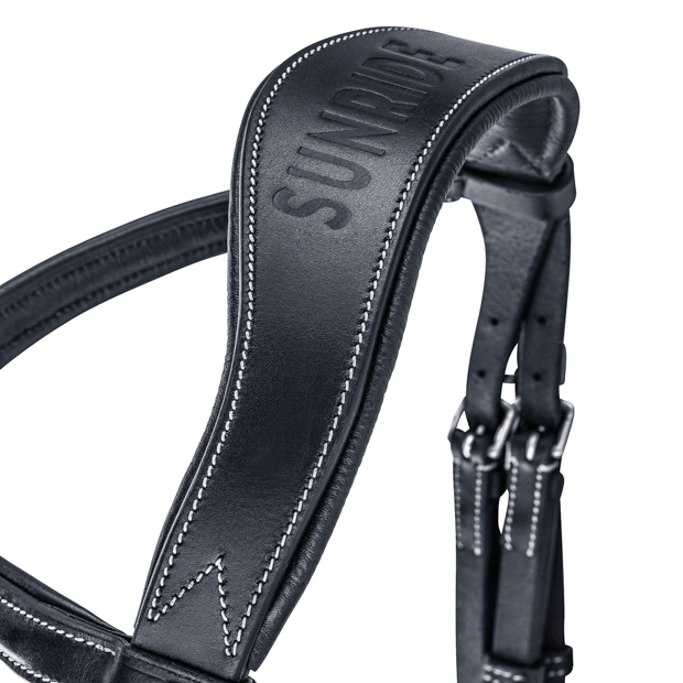 detailed view of shaped neck part of english combined black leather english bridle london with silver mounting and stitching including reins by sunride