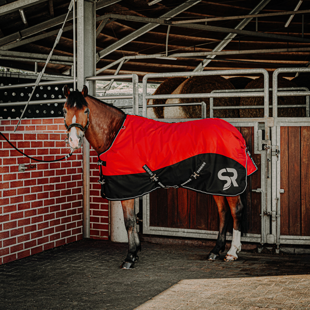 red helsinki winter rug with 250 grams filling and reflecting elements and red leather cord halter by sunride on a horse in front of a stable