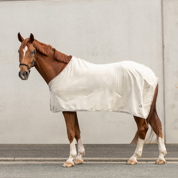 beige cooler rug with removable belly straps wellington line by sunride on a horse