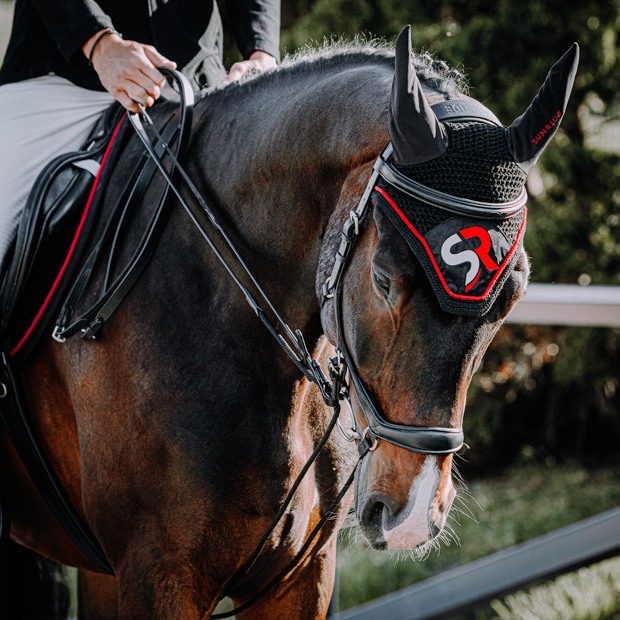 black leather draw reins with silver mounting and extra loop by sunride with rider on horse in sr line set