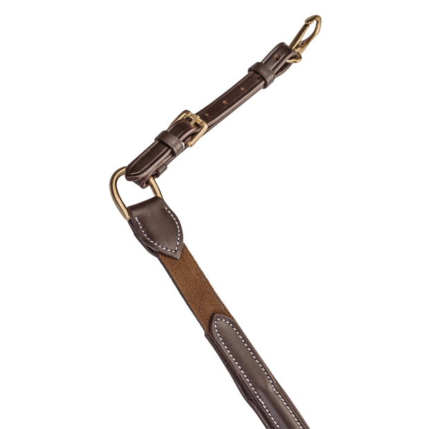 detailed view of adjustable strap of windsor brown leather breastplate with martingal and elastic straps by sunride