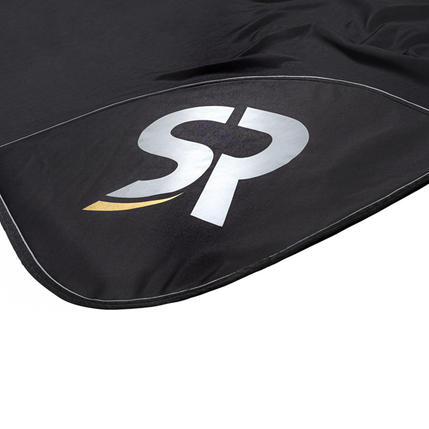 black boston cooler rug made of softshell and fleece with detailed view of reflecting sr logo by sunride