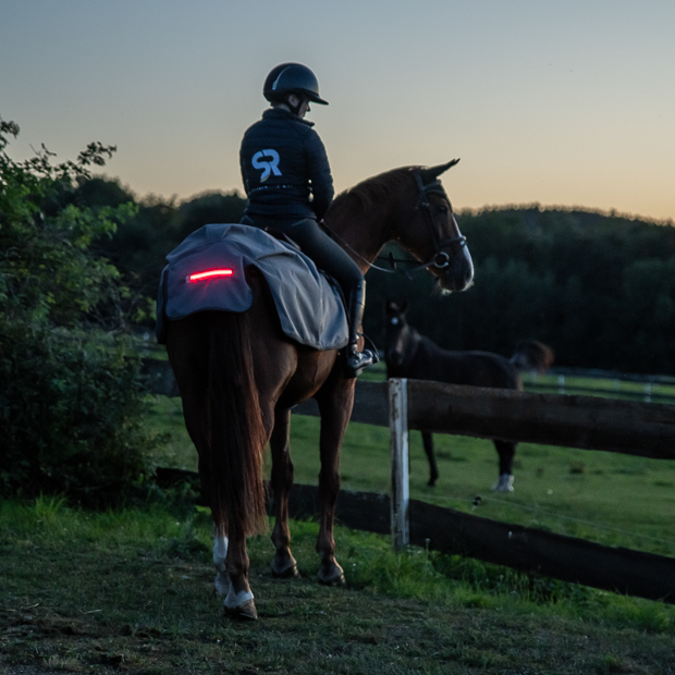rider and horse in the dark with grey led workout rug new york with white and red led lights turned on