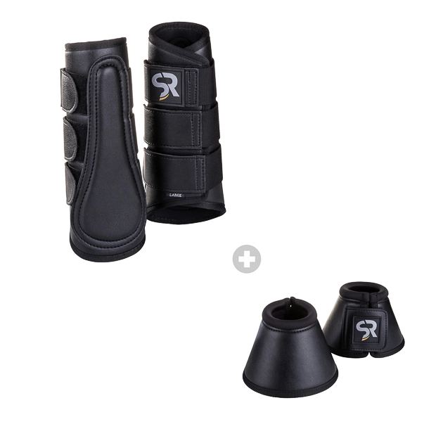 black dressage leather boots from leather and neoprene inside with elastic velcro closures and matching leather and neoprene bell boots