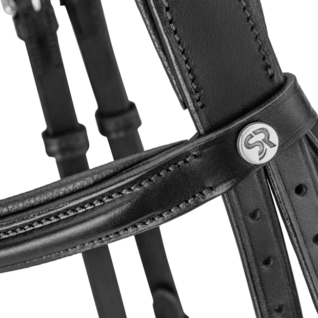 detailed view of blue padded english combined black leather bridle hawaii with silver mounting including reins