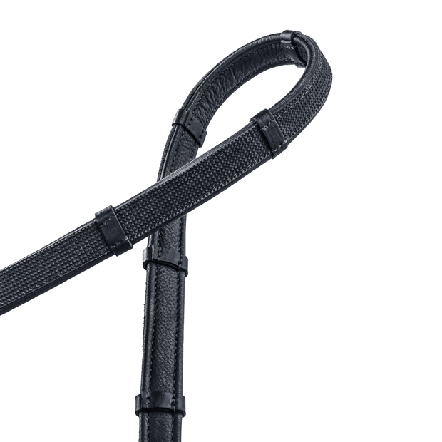 leather with rubber reins in black by sunride with view on stoppers