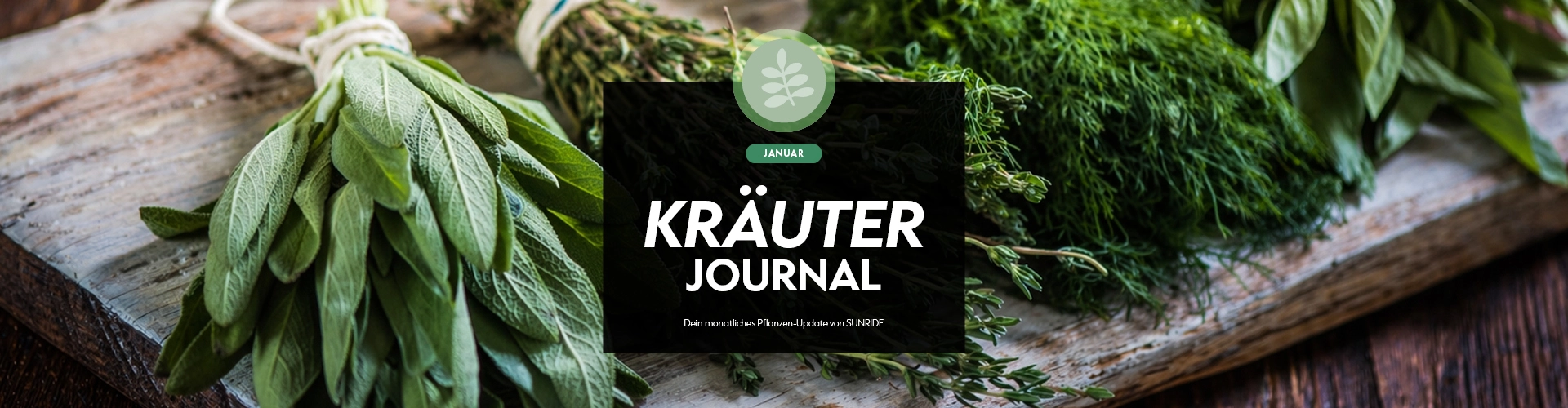A wooden board displays fresh herbs including sage, dill, and basil, with a graphic overlay featuring the text Kräuter Journal.