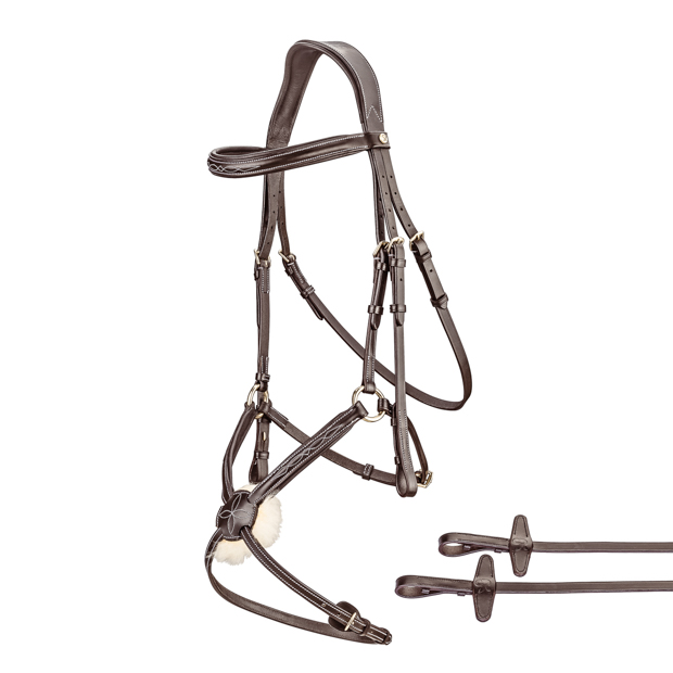 brown mexican bridle acapulco with golden mounting with detailed view of included matching reins by sunride
