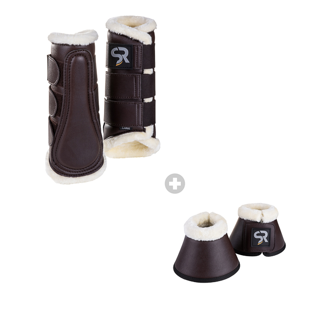 1 set aus dressurgamaschen mit fell sowie hufglocken mit fell aus braunem leder