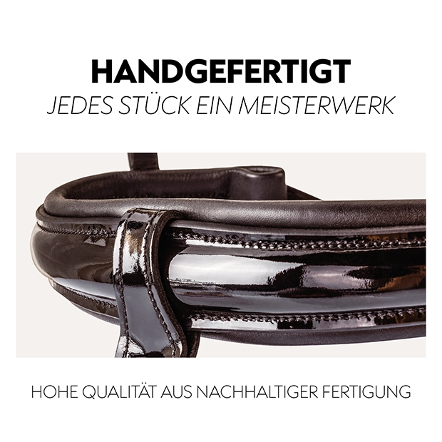 Nahaufnahme einer handgefertigten Trense mit glänzenden Details und feiner Verarbeitung, ideal für Pferde und hochwertige Reitzubehör.