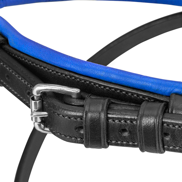 detailed view of padded nose band of blue padded english combined black leather bridle hawaii with silver mounting including reins