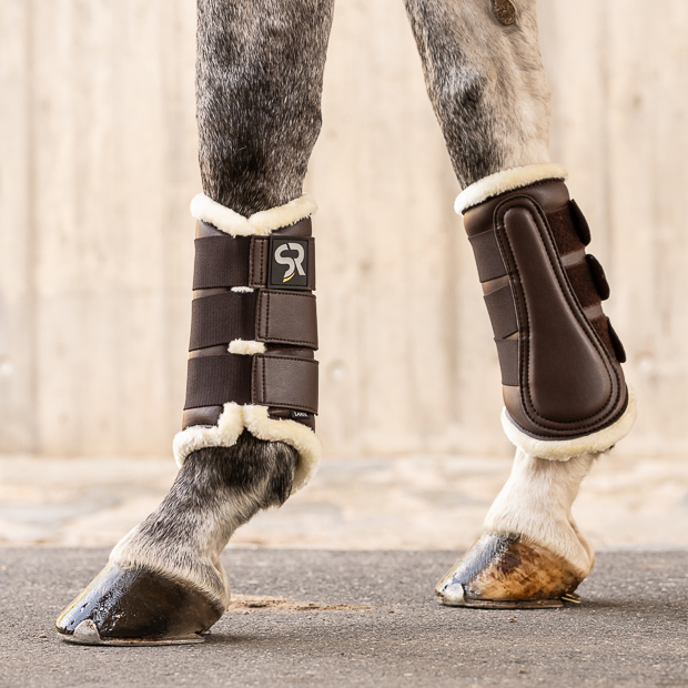 SET Leather dressage boots and bell boots with fur S brown