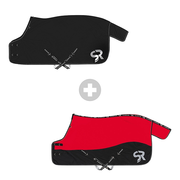 1 set of black rain rug dublin with 50 grams filling and reflecting elements and red helsinki reflecting winter rug with 250 grams filling by sunride