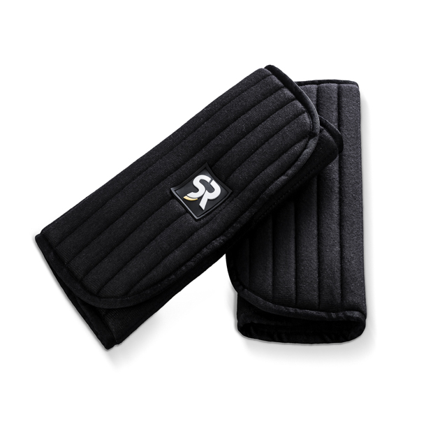 black bandaging pads with sr logo and velcro closure