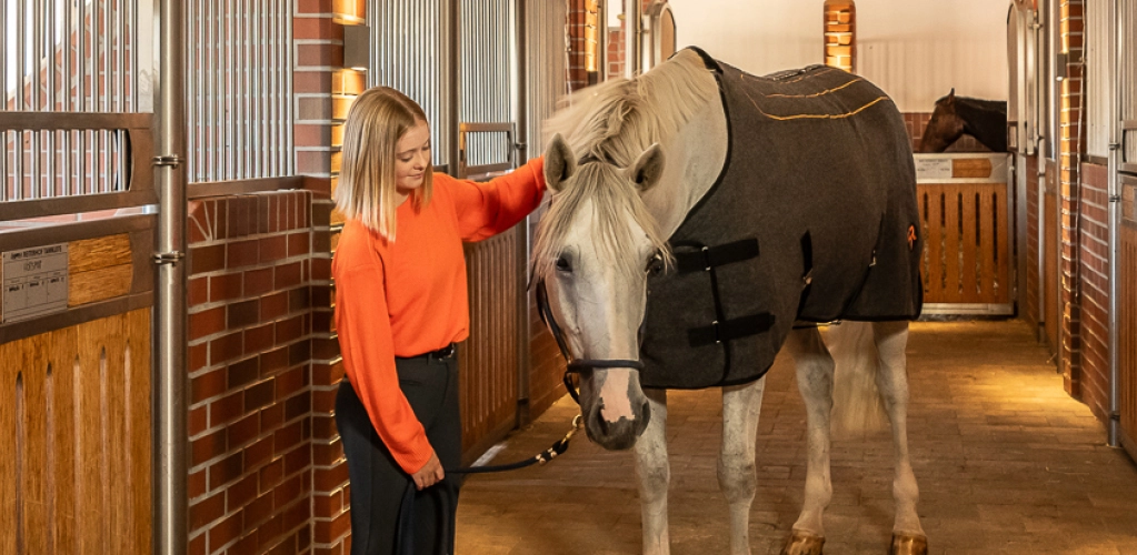 Heizdecke Eine Reiterin steht in der Stallgasse neben einem Pferd das eine Heizdecke trägt und streichelt es