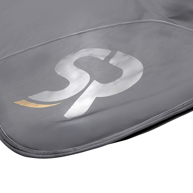grey boston cooler rug with detailed view on reflecting sr logo by sunride