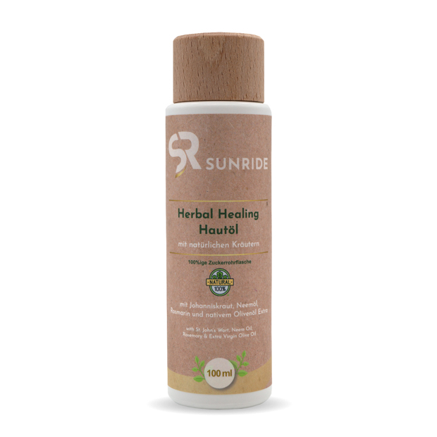 herbal healing skin oil in 100 ml bottle with wooden closure by sunride