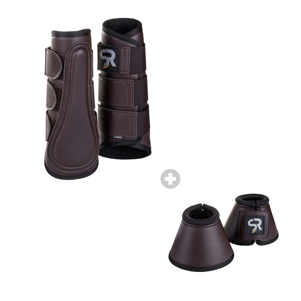 brown dressage leather boots from leather and neoprene inside with elastic velcro closures and matching leather and neoprene bell boots