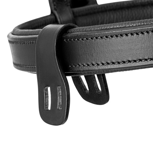 detailed view of detachable curb lash of english combined leather easy clip bridle berlin black with silver mounting including reins