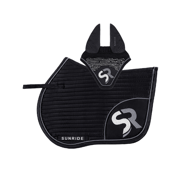 set of black silver sr line jumping saddle pad with breathable air mesh spine and matching fly earnet by sunride